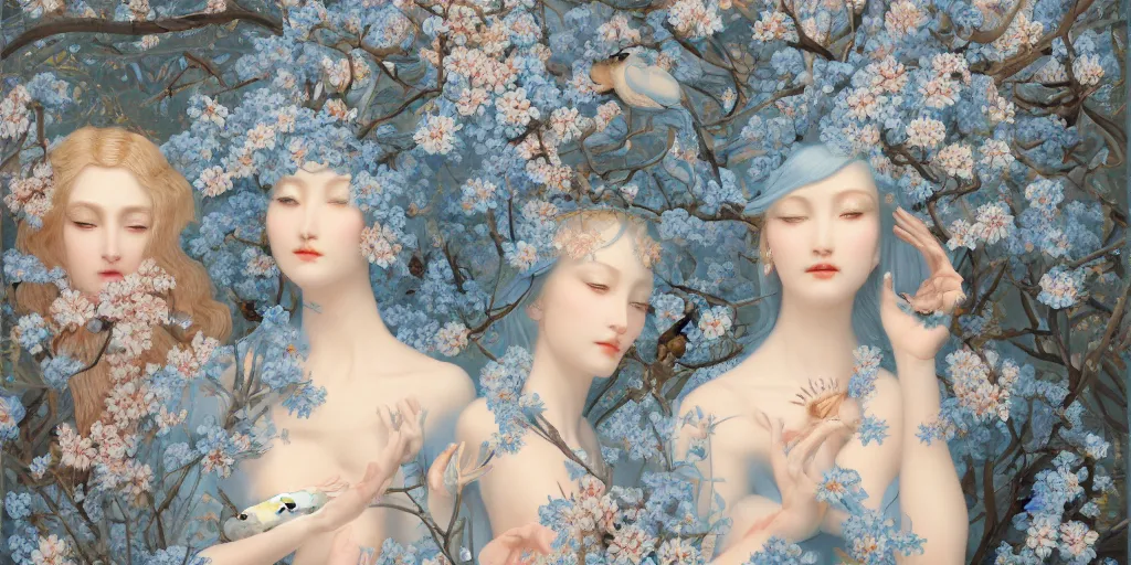 Image similar to breathtaking detailed concept art painting art deco pattern of blonde faces goddesses amalmation light - blue flowers with anxious piercing eyes and blend of flowers and birds, by hsiao - ron cheng and john james audubon, bizarre compositions, exquisite detail, extremely moody lighting, 8 k