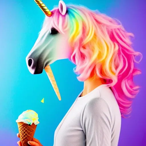 Prompt: an ultra high definition pastel coloured photograph of a real life unicorn eating and ice cream. refraction, volumetric lighting iridescence.