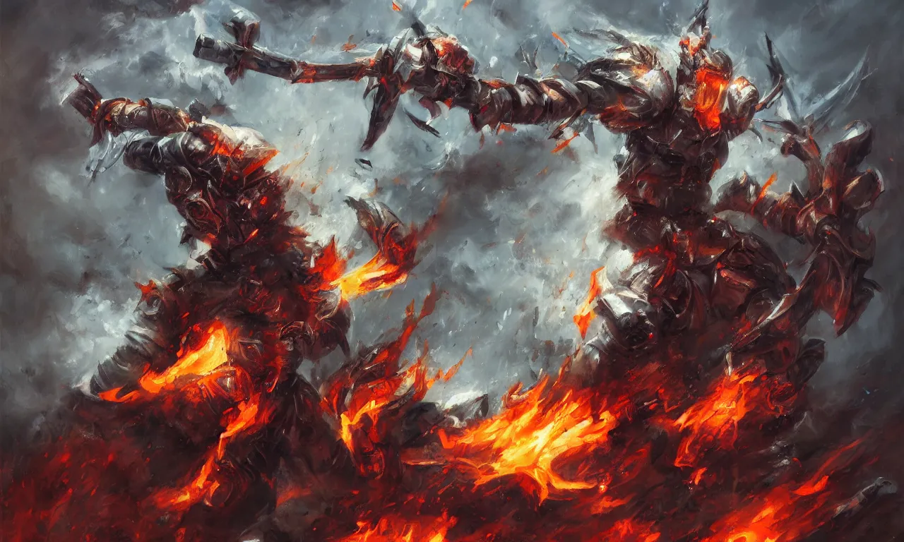 Image similar to a beautiful brutal warrior brutally destroys his enemies on the battlefield, wrath flame and ruin, oil painting, trending on artstation