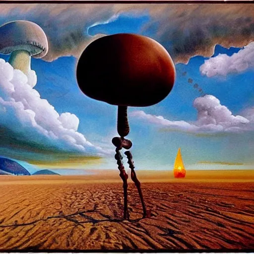 Prompt: a skeleton walking on a beach next to the ocean with nuclear bomb explosion in the background, a naturalism painting by Storm Thorgerson, featured on cg society, matte painting, realistic, chillwave, anatomically correct, light colors, photo-realistic huge mushroom-cloud in the distance