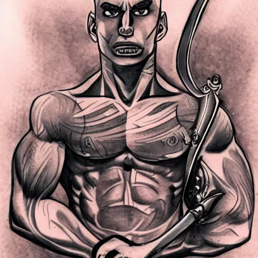 Image similar to muscular bald man, tattooed body, sword in hands, HD, anime style,