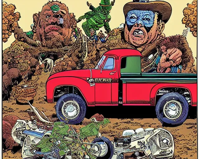 Image similar to a portrait of an old pickup truck by arthur adams and geof darrow and mike deodato and al feldstein and moebius and chip zdarsky