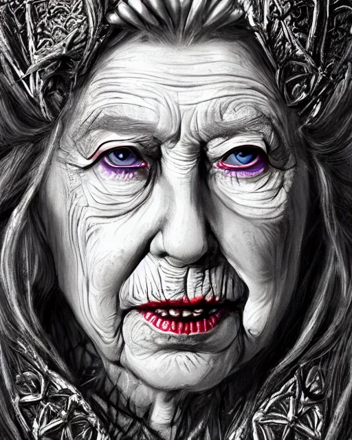 Image similar to Queen Elizabeth II as a hag witch, highly detailed face, realistic face, beautiful detailed eyes, fantasy art, illustration, epic, fantasy, intricate, hyper detailed, artstation, concept art, smooth, sharp focus, by jerad s marantz