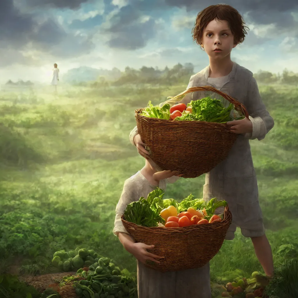 Image similar to portrait of single beautiful child holding a basket of vegetables, green farm lands behind, elegant, highly detailed, digital painting, concept art, smooth, sharp focus, illustration, divine realm of gods, realistic cinematic style, filmed in 70mm, volumetric lighting, octane render, photographic, concept art, artist Dr Zeus, unreal engine 8k