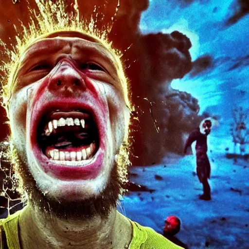 Image similar to selfie of a ukrainian screaming in pain and terrible injuries from a nuclear explosion, everything is on fire and radiation, in the background there are a lot of people like zombies, corpses and skeletons, a large nuclear explosion in the background, people are painted in yellow and blue, all dirty with severed limbs, doomsday