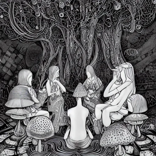 Prompt: mushroom goddess with group of elders, discussing the new season of friends, cynical realism, hiroya oku intricate penwork, yoshitaka amano, chris cunningham, black and white, beautiful lighting, manga in the style of drummond, 3 d render, 8 k