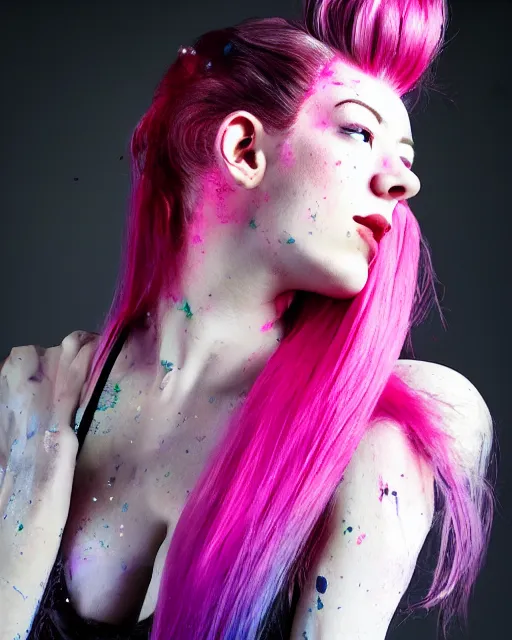 Image similar to a dramatic lighting photo of a beautiful young woman stoya with cotton candy hair. paint splashes. with a little bit of cyan and pink