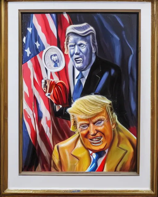 Prompt: a presidential portrait of donald trump as an oompa loompa in the style caricature artist oil painter sebastian kruger hanging on a wall at mar - a - largo