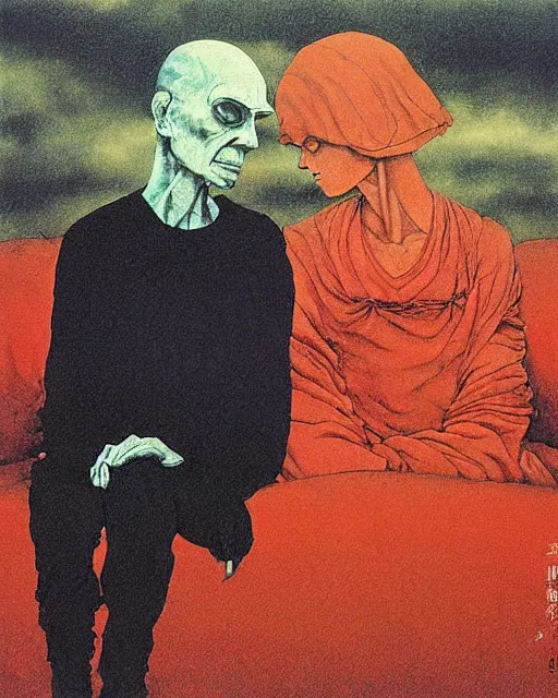 Image similar to early color photo of an old dead couple sitting on a couch in an old soviet apartment and looking at the scared enlightened boy flying up in sky, Beksinski impasto painting, part by Adrian Ghenie and Gerhard Richter. art by Takato Yamamoto, masterpiece