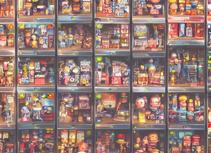 Image similar to closeupof portrait of tin toy tokyo corner store and vending machines, depth of field, zeiss lens, detailed, centered, photoshoot, by nicoletta ceccoli, mark ryden, lostfish, breathtaking, 8 k resolution, extremely detailed, beautiful, establishing shot, artistic, hyperrealistic, octane render, - h 7 0 4