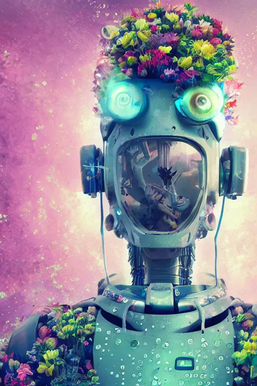 Image similar to closeup, underwater digital painting of a robot wearing a suit made of flowers, cyberpunk portrait by Filip Hodas, cgsociety, panfuturism, made of flowers, dystopian art, vaporwave