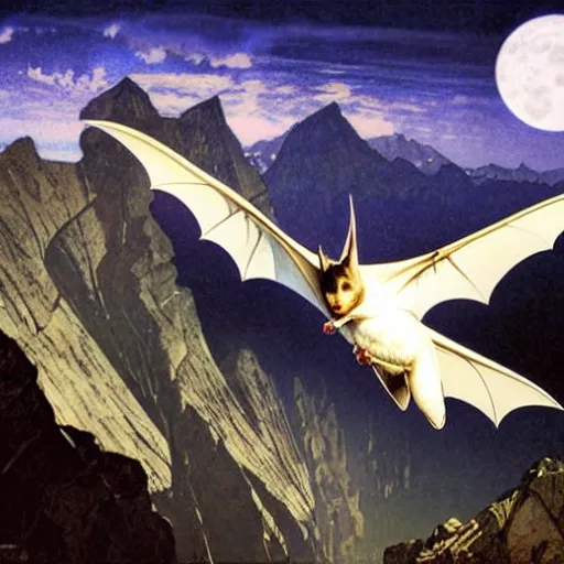 Image similar to hyper realistic white bat, flying against a dark black night sky, mountain in the background, moonlight, denoised, very detailed, painted by james gurney, alphonso mucha, norman rockwell, tom bagshaw