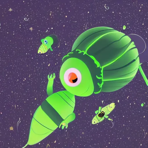 Image similar to a cute green caterpillar spinning a chrysalis inside a space station, sci-fi illustration