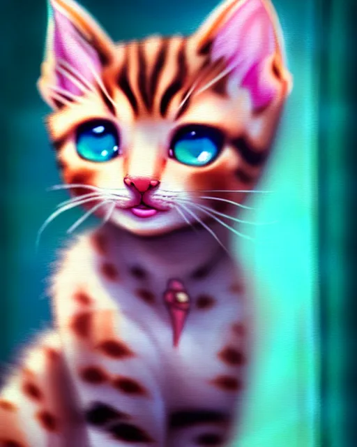 Image similar to hyper - realistic portrait of a very cute kitten, pink bow, big eyes, looking into the camera, gta v cover art, celshading, sharp focus, intricate, detailed, rhads, andreas rocha, makoto shinkai, lois van baarle, ilya kuvshinov, greg rutkowski, dynamic lighting, grunge aesthetic, 4 k