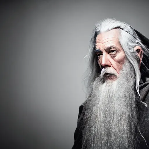 Prompt: Gandalf the grey with tattoos and a mohawk, studio portrait photography, moody lighting