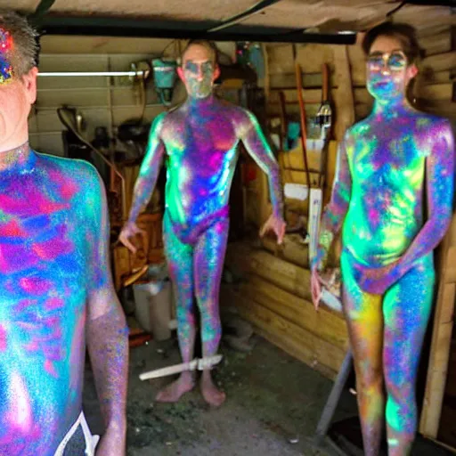 Prompt: a human standing in his garage, he is covered with iridescent bodypaint, his hair has shells and barnacles