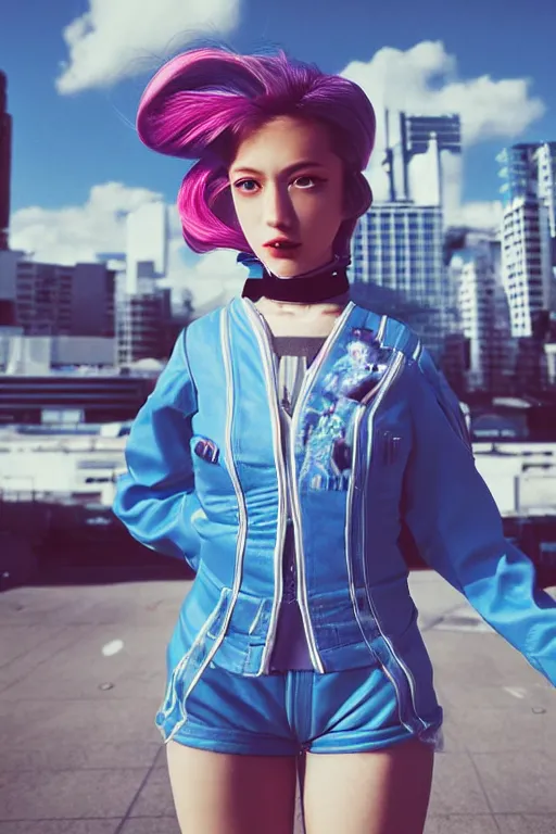 Prompt: Kodak Portra 400,8K,highly detailed: beautiful three point perspective extreme closeup portrait photo in style of 2000s frontiers in cosplay retrofuturism tokyo seinen manga street photography fashion edition, tilt shift zaha hadid style tokyo background, highly detailed, focus on girl;vaporwave ;blue hair;blue eyes;pointé pose, clear eyes, soft lighting