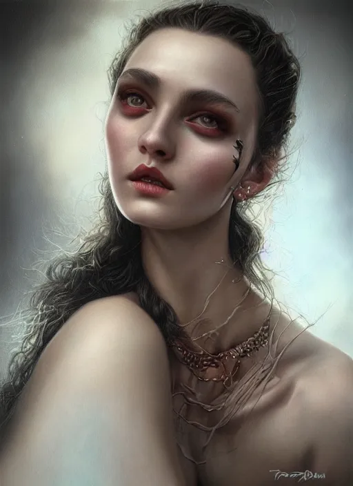 Prompt: hyper realistic, detailed portrait, close - up, dark witch, painting by tom bagshaw, smooth, sharp focus