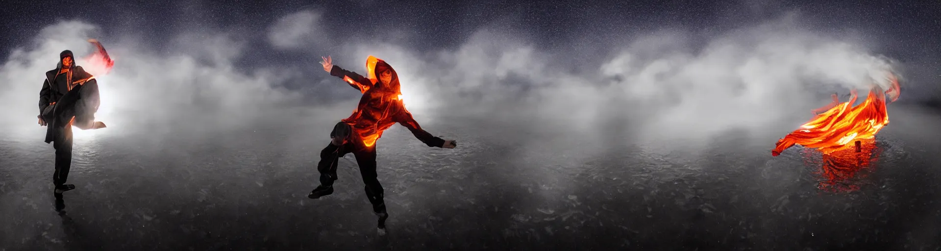 Image similar to fisheye slow motion with trail fire effect of break dancer wearing long dark cloak, Giant A letter emitting fire, long exposure shot , enigmatic, at night in the middle of the arctic, paddle of water, steam, fog, water splashes, rim lights, glossy reflections, water droplets on lens, octane render, Volumetric dynamic lighting, stunning cover magazine, high details,