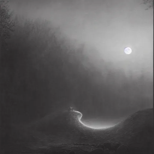 Image similar to A haunting dark castle stands over a misty orchard, a crescent moon dimly shines; lighting a small path that winds through the trees. A matte painting in the style of Wayne Barlowe, by Zdzisław Beksiński.