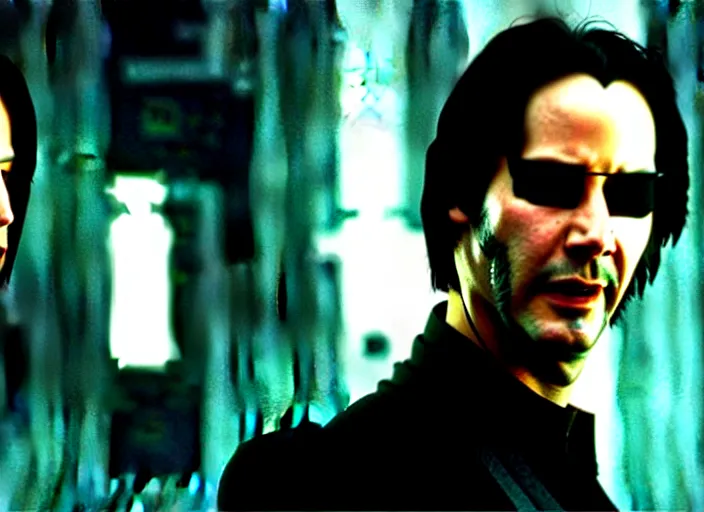 Image similar to A photo of Keanu Reeves as Neo in The Matrix movie doing a thumb up to the camera in front on burning servers, servers in flames in the background, doing a thumb up, The Matrix servers on fire, uncropped, full body, crispy, symmetrical face, ultra detailed, cinematic