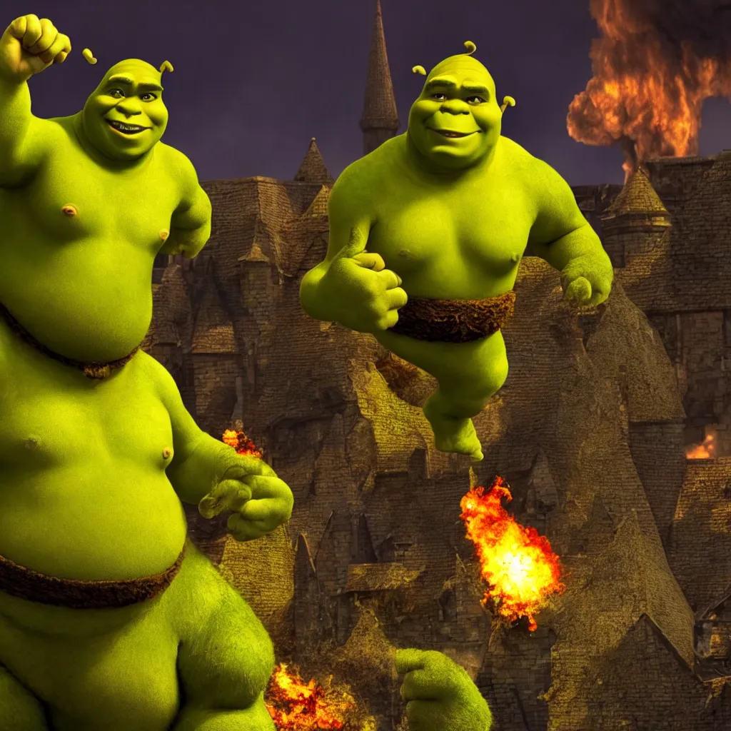 Prompt: shrek punching nuclear chimneys, destruction, chaos, 4 k, realistic, professional photography