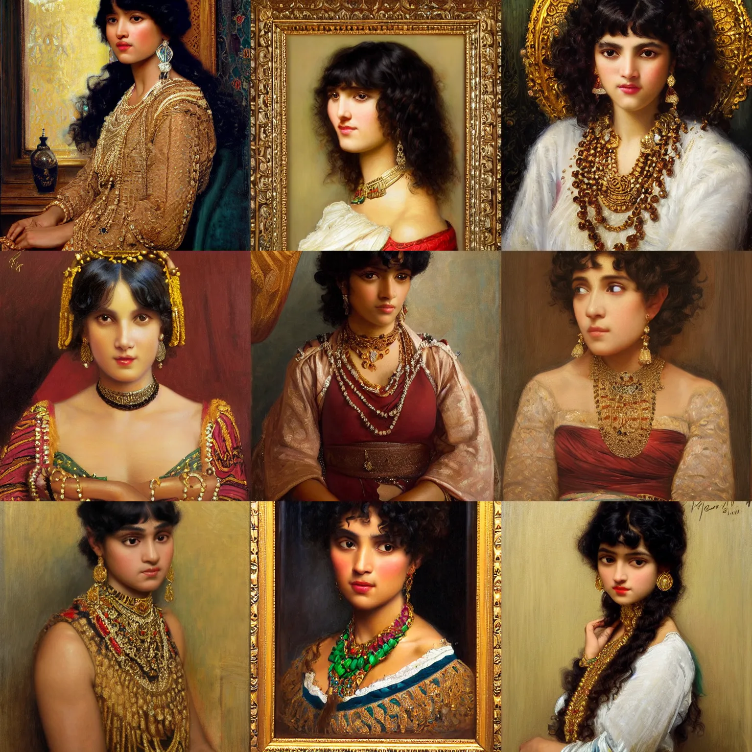 Prompt: orientalism portrait of a cute woman with bangs and curls and brown skin wealthy ornate jewels by Edwin Longsden Long and Theodore Ralli and Nasreddine Dinet and Adam Styka, masterful intricate artwork. Oil on canvas, excellent lighting, high detail 8k