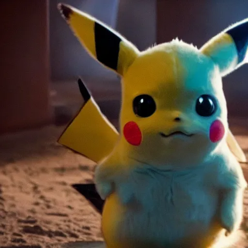 Image similar to a film still of baby pikachu in the mandalorian