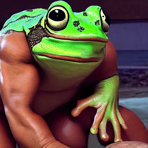 Prompt: dwayne johnson wrestling a big frog, pepe the frog, film still by martin scorsese and quentin tarantino, award winning, 8 k