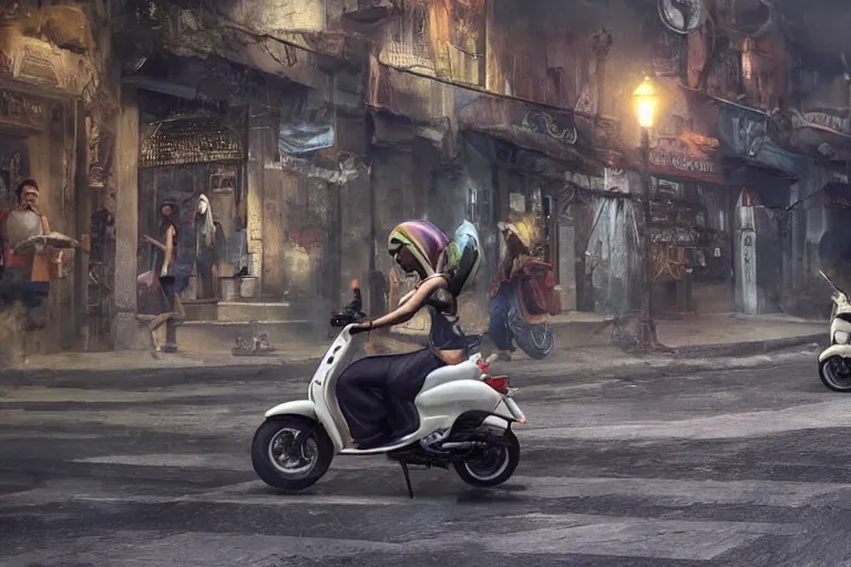 Image similar to moped scooter racing on the street, hyper realistic, very detailed, dramatic scene, realistic lighting, dark fantasy, 4 k, in the style of greg rutkowski