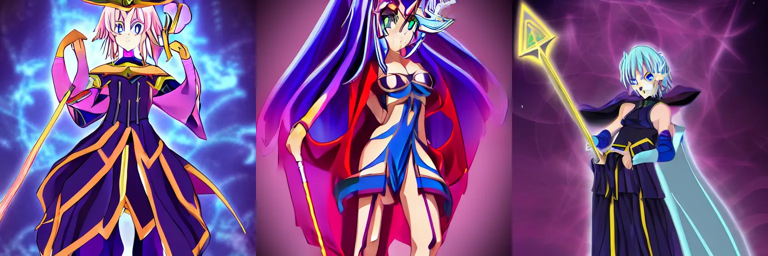 Prompt: dark magician girl, anime style, stern look, staff, full view