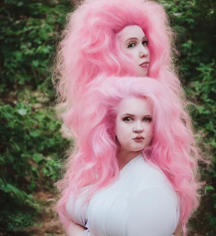 Image similar to a photograph of rose quartz from steven universe, portrait photography, 8 5 mm, iso 4 0 0, focus mode, detailed portrait, gigantic pink ringlets, huge pink hair, chubby, white dress, gorgeous, kind features, beautiful woman, flattering photo, daylight