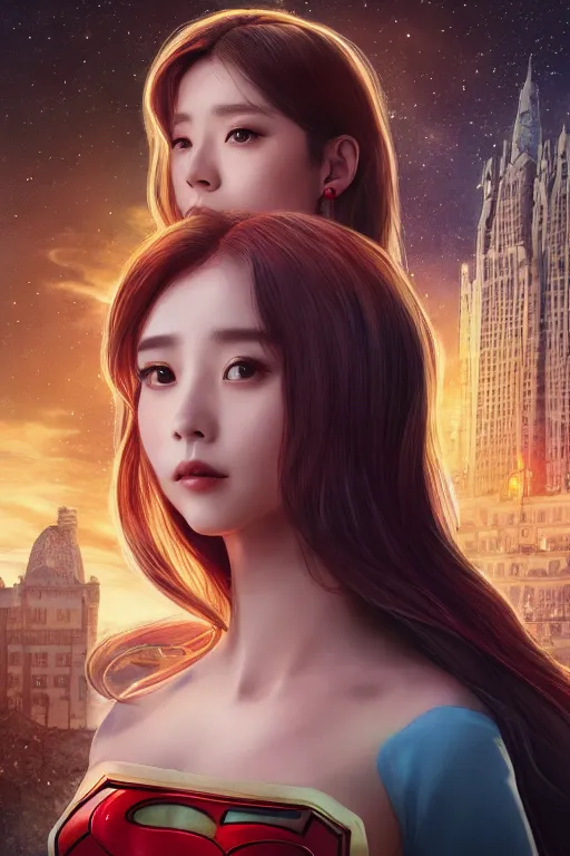 Prompt: Protrait of a Beautiful IU from Hotel del Luna as supergirl, unreal engine, detailed face, rule of thirds, captivating and enticing, , by James Jean