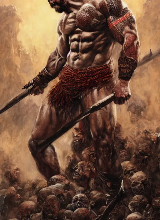 Prompt: a highly detailed beautiful portrait of dwayne johnson kratos hybrid god of war fighting zombies on a pile of human skulls, spartan warrior, olympian god, muscular!, frank frazetta, boris vallejo, octane, fantasy