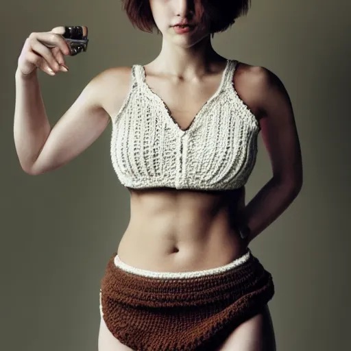 Prompt: Caucasian female model with short hair wearing a crocheted croptop, digital painting, smooth, small chest, artstation, full body realistic portrait, HD, dramatic lighting, highly detailed