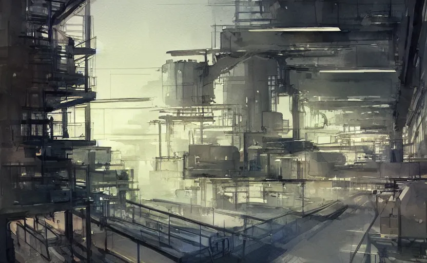 Image similar to concept art of a industrial complex landscape, pinterest, artstation trending, behance, watercolor, by coby whitmore, silver, laser light,