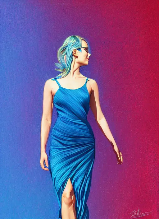 Image similar to margot robbie blue dress detailed clothing, half body shot, arms down, path traced, highly detailed, high quality, digital painting, alena aenami, lilia alvarado, shinji aramaki, karol bak, alphonse mucha, tom bagshaw