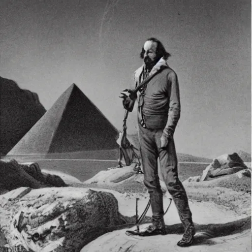 Prompt: 19th century scruffy american trapper, standing next to desert oasis, standing atop boulder overlooking expanse, sphinx in the' distance, pulp science fiction illustration