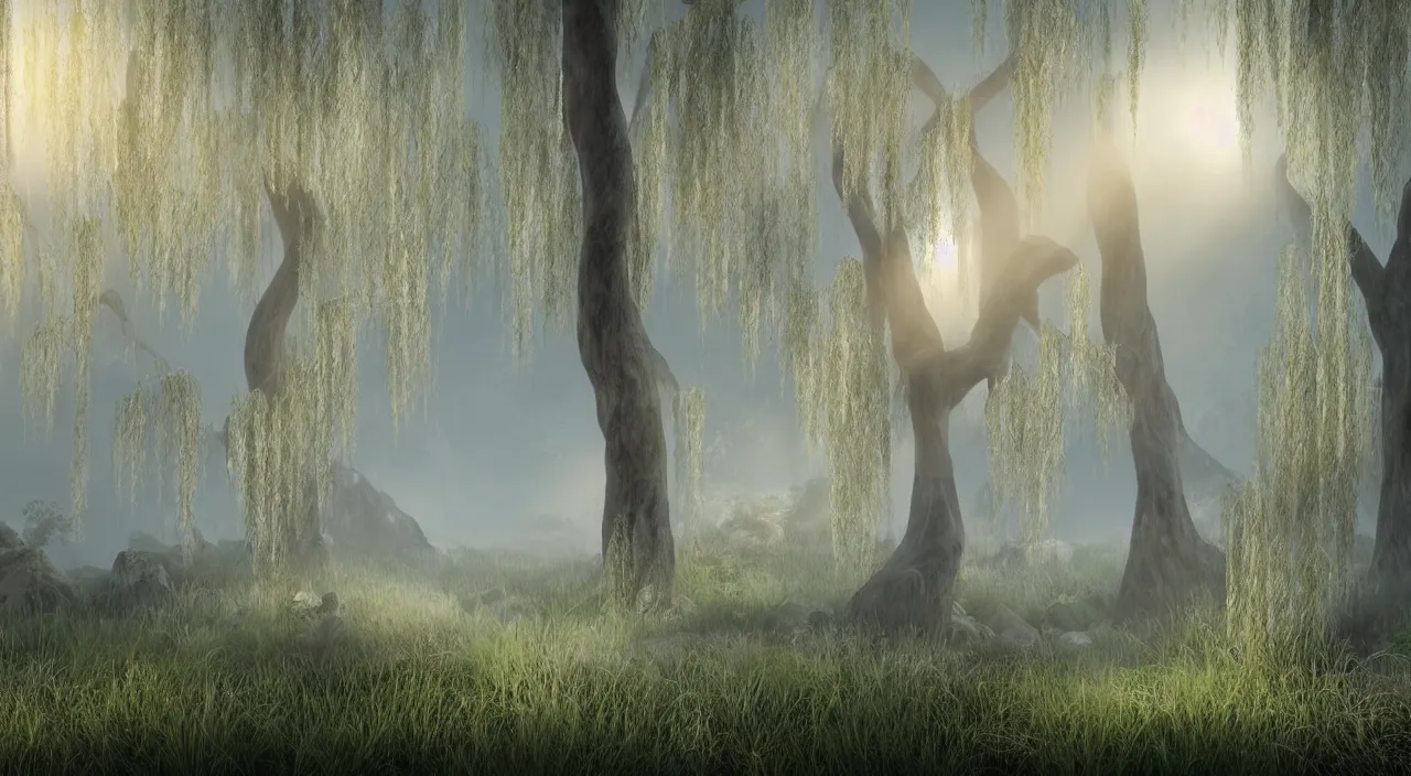 Image similar to photorealistic matte painting misty weeping willow overgrowth undergrowth jagged rock features volumetric fog light rays high contrast dawn mr burns