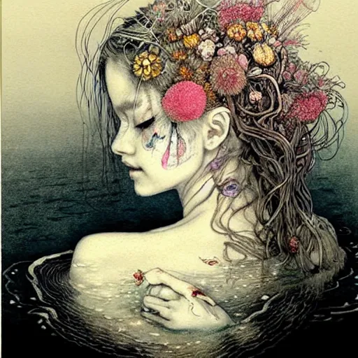 Prompt: prompt: beautiful girl in lake with light up face painted in Rembrandt style drawn by Vania Zouravliov and Takato Yamamoto, nymph in the water, small flowers around and on the side, intricate oil painting, high detail, Neo-expressionism, post-modern gouache marks on the side, gnarly details soft light, white background, intricate detail, intricate ink painting detail, sharp high detail, manga and anime 2000