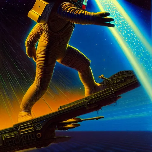 Prompt: astronaut flying with hyper speed and cutting reality dimensions, tim hildebrandt, bioluminescent neon, bruce pennington, donato giancola, larry elmore, oil on canvas, masterpiece, trending on artstation, featured on pixiv, cinematic composition, dramatic pose, beautiful lighting, sharp, details, hyper - detailed, hdr, 4 k, 8 k