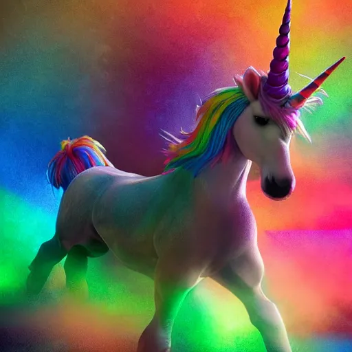 Image similar to full body pose, hyperrealistic photograph of a cute fuzzy rainbow unicorn, dim volumetric lighting, 8 k, octane beautifully detailed render, extremely hyper detailed, intricate, epic composition, cinematic lighting, masterpiece, trending on artstation, very very detailed, stunning, hdr, smooth, sharp focus, high resolution, award, winning photo, dslr, 5 0 mm