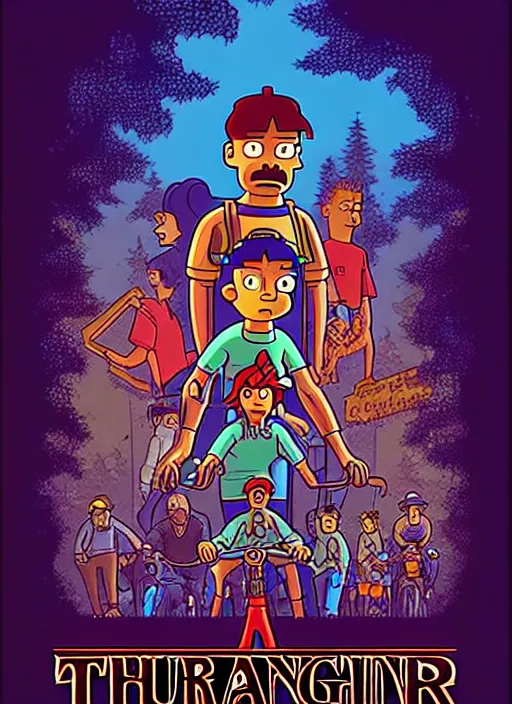 Image similar to scene from the animated version of Futurama Stranger Things with Jim Hopper and Demogorgon, cartoon, detailed faces, high resolution, hyper detailed, intricate, illustrated, dramatic lighting, illustration, concept art, smooth, sharp focus, art by Alphonse Mucha and Matt Groening !n-9