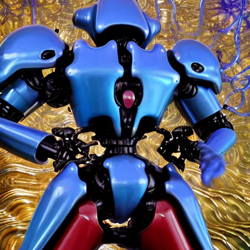 Image similar to drippy liquid metal combat mecha, gouf evangelion, bismuth mechanical exoskeleton wearing hardsurface armour holding scifi weapons, sculpted by spider zero, jeff koons, chihuly, trending on artstation # chihuly # evagelion # chihuly