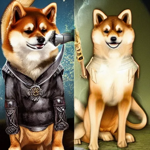 Image similar to Shiba Inu in medieval times look like merlin high details cinematic mood shooting lighting from wand