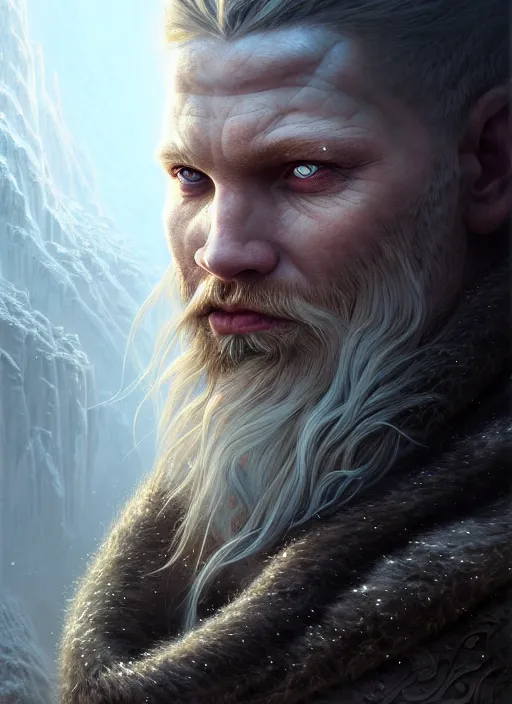 Image similar to closeup portrait shot of a snow viking in a scenic dystopian environment, intricate, elegant, highly detailed, centered, digital painting, artstation, concept art, smooth, sharp focus, illustration, artgerm, tomasz alen kopera, peter mohrbacher, donato giancola, joseph christian leyendecker, wlop, boris vallejo