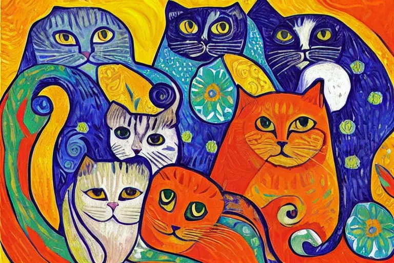 Image similar to beautiful art illustration of a group of cats by laurel burch and van gogh, oil painting, highly detailed