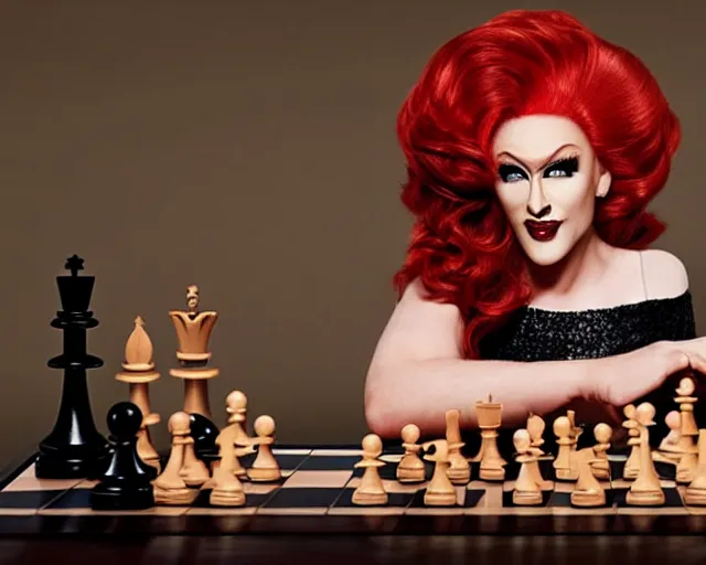 Prompt: red hair drag queen playing chess, netflix show poster