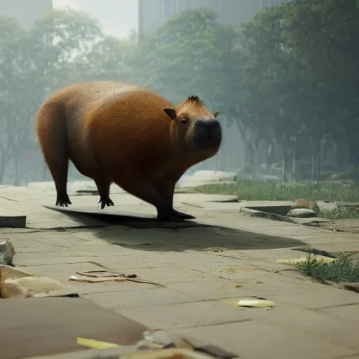 Image similar to a high quality photo of an antropomorphic capybara wearing a suit, 3d scene, render, ultra realistic, zenith view, Greg Rutkowski, artstation, cgsociety, unreal engine