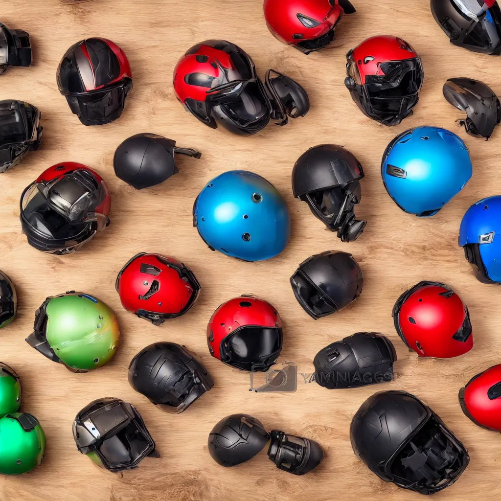 Image similar to a small collection of android helmets, inside different color wooden boxes. top down photo, close macro photo. studio photo, 8k